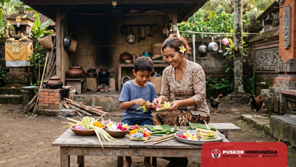 Orang tua mengajarkan makna Parahyangan dan Tri Hita Karana di rumah - Parents teaching the true meaning of Parahyangan and Tri Hita Karana at home.