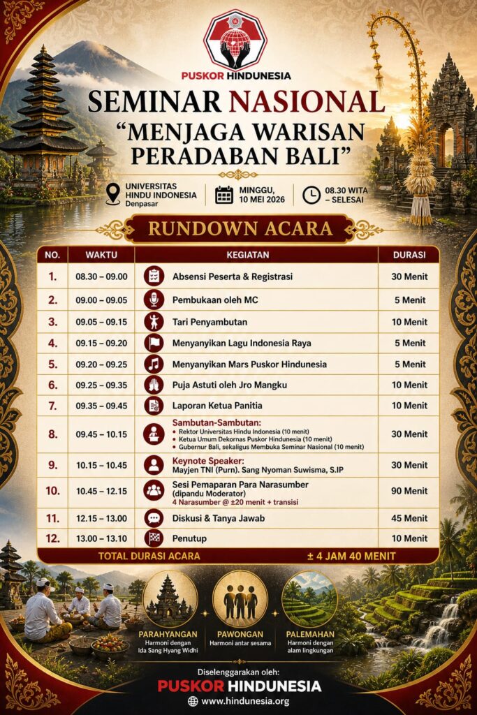 Rundown Seminar Menjaga Warisan Peradaban Bali: Puskor Hindunesia 2026