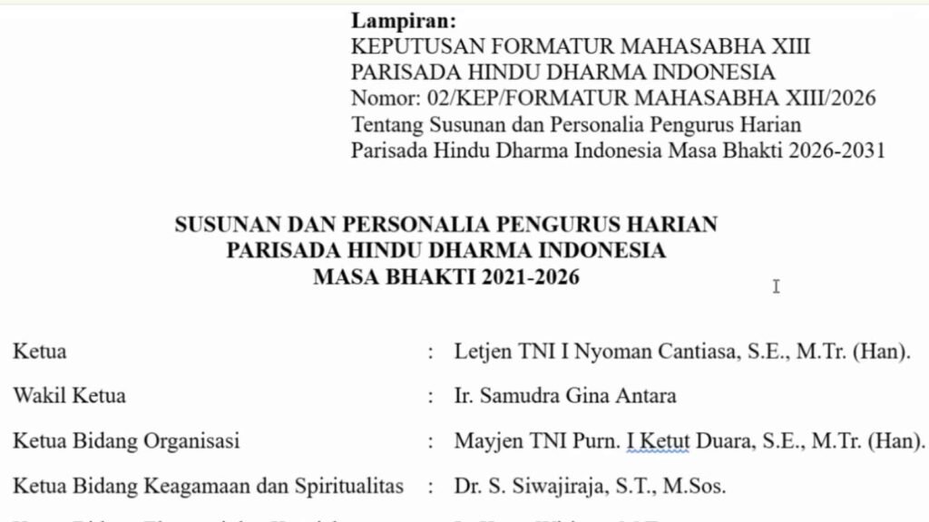 Susunan dan Personalia Pengurus Harian PHDI Masa Bakti 2026 sampai 2031