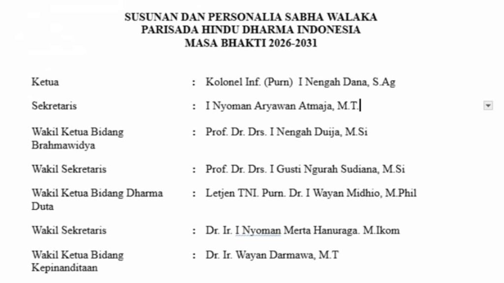 Susunan dan Personalia Sabha Walaka PHDI Masa Bakti 2026 sampai 2031
